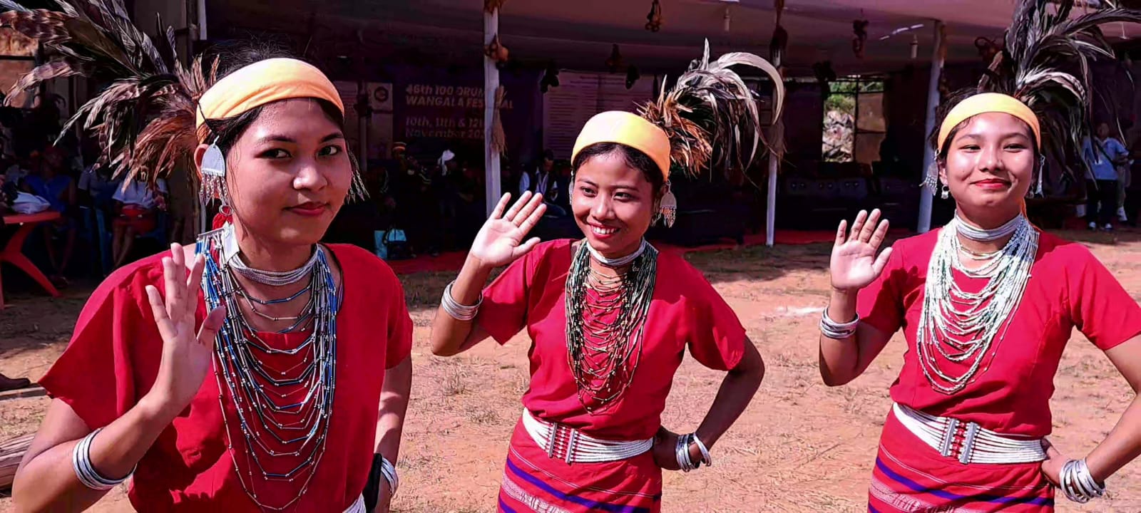 Traditional Wangala dancers greeting visitors