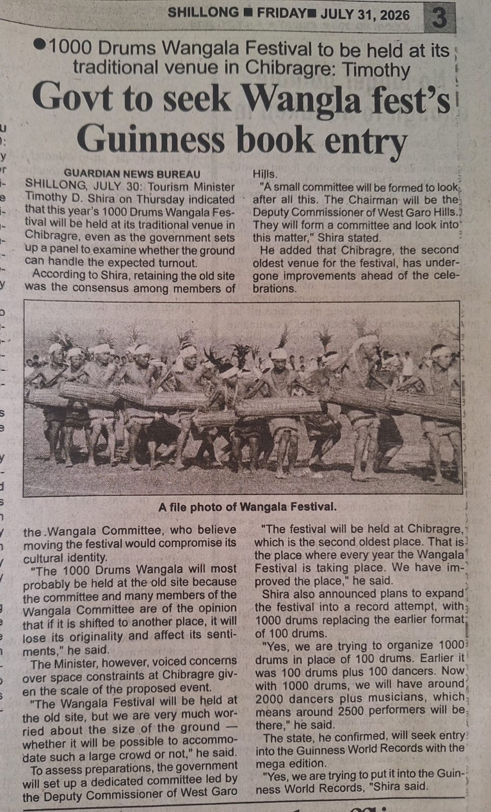 Newspaper article about Wangala Festival Guinness book entry