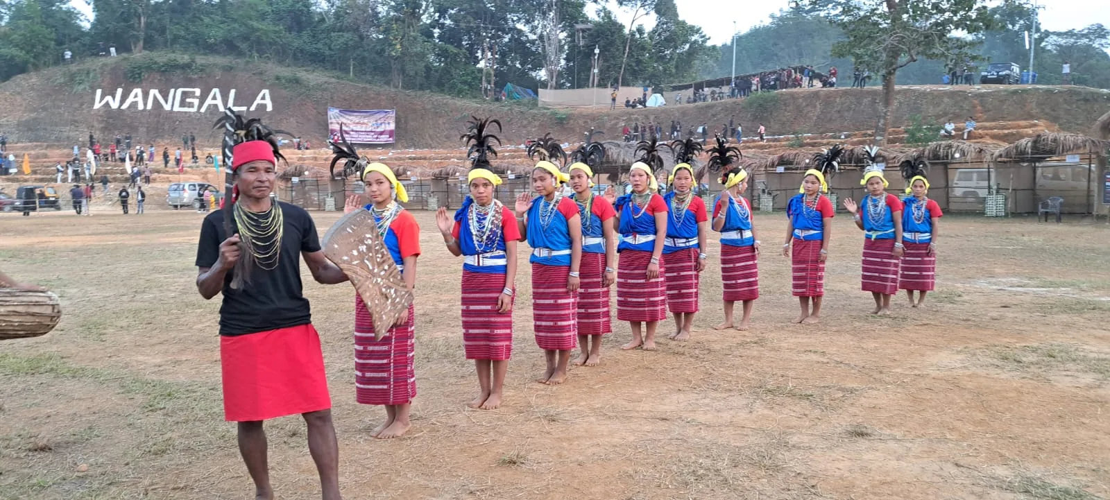 A line of Wangala dancers at the festival ground